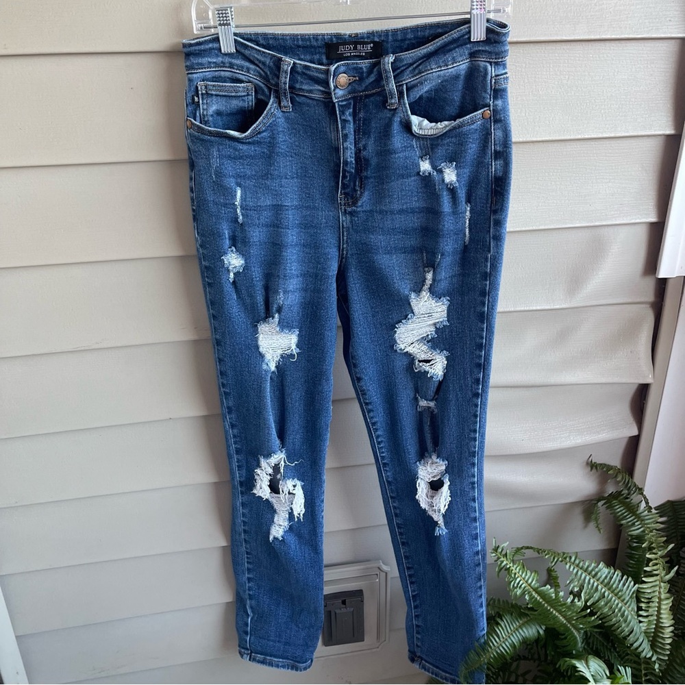 Judy Blue Jeans Boyfriend Fit Distressed Medium Wash Sz‎ 7/28 Stretchy Comfy